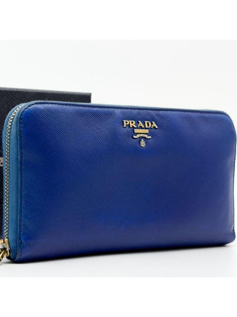 Prada Saffiano Logo Leather Triangle Zip Around Wallet